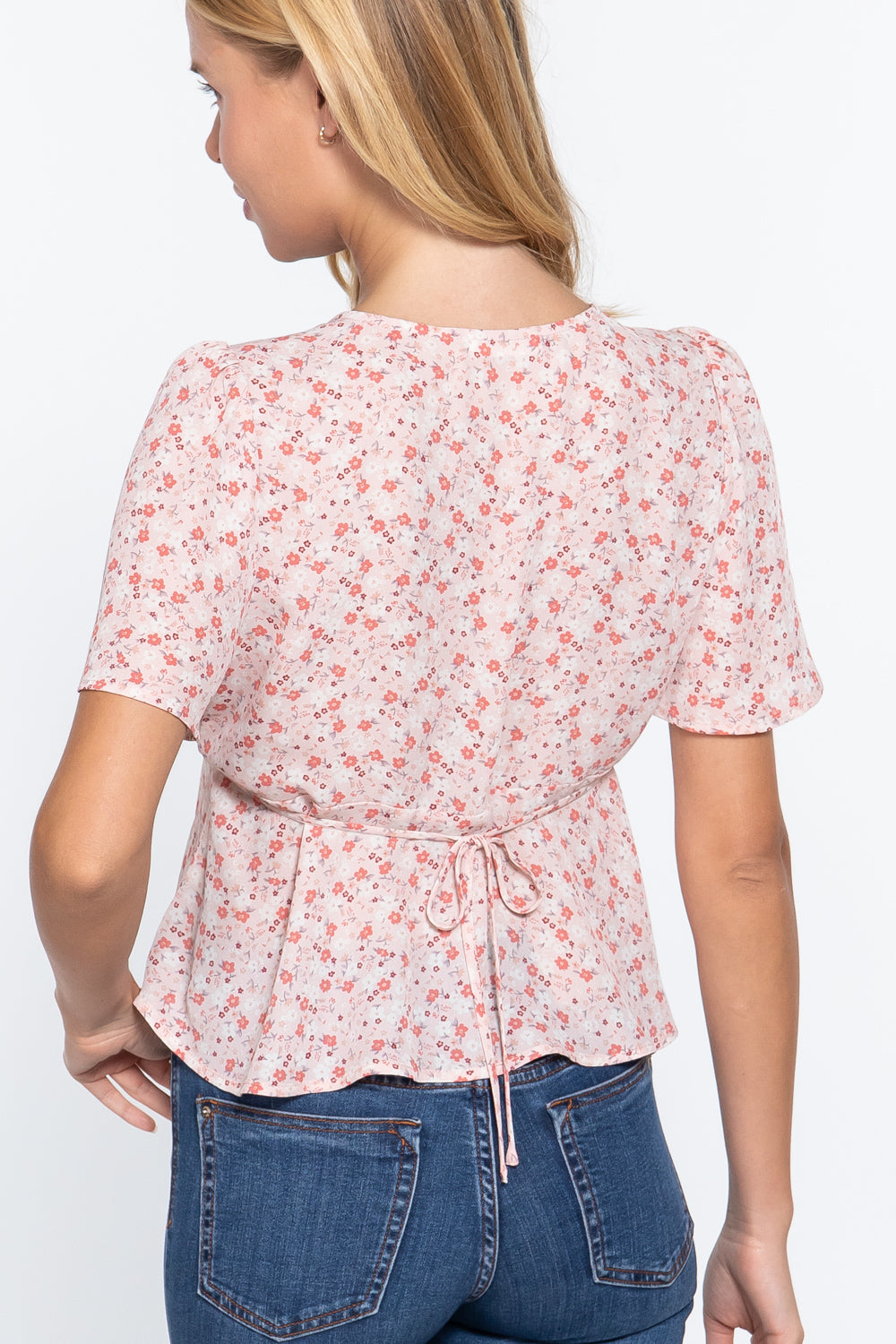 Ruffle Slv W/back Tie Print Woven Top