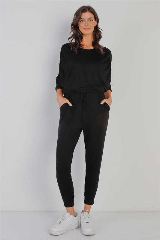 Ruched Detail Dolman Midi Sleeve Fitted Waistline Jumpsuit