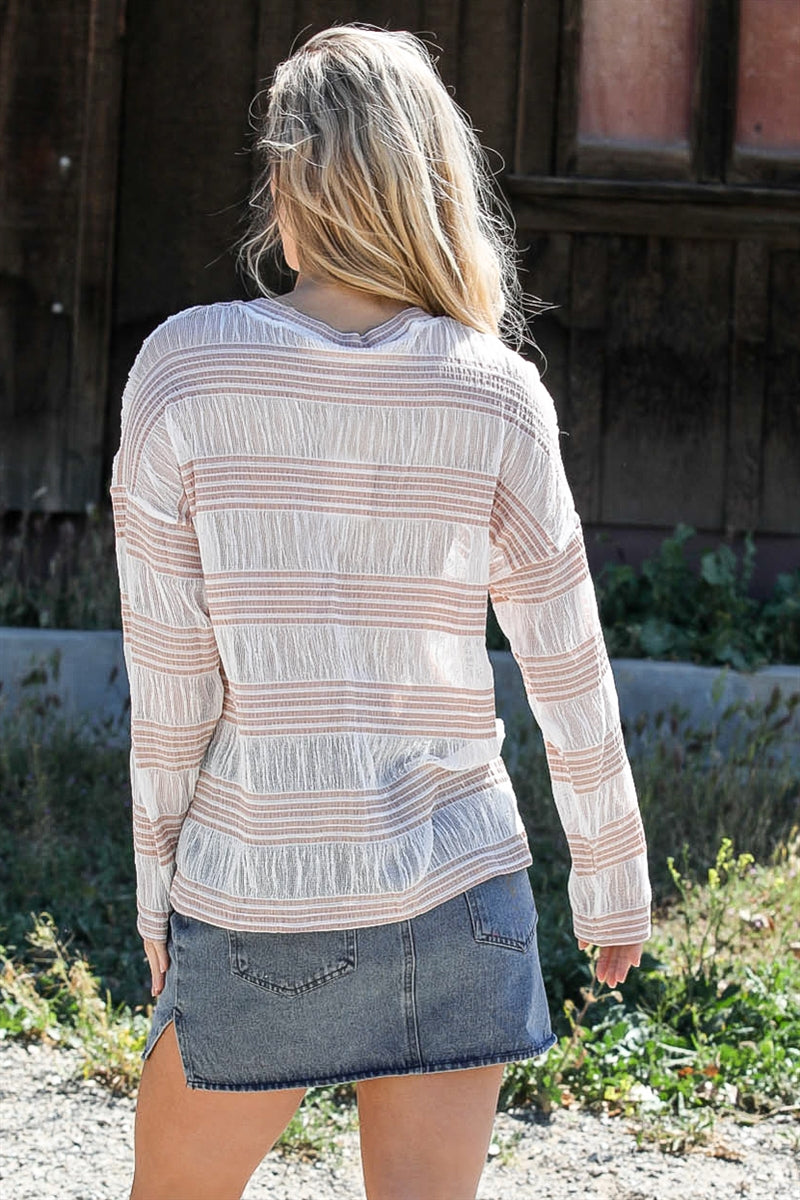 Crochet Stripe Long Sleeve Semi-sheer Top