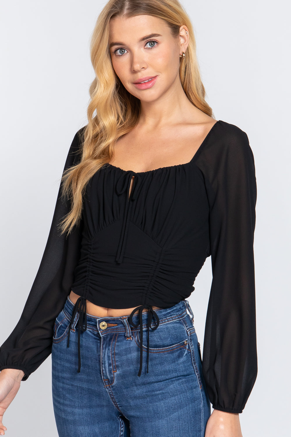 Long Sleeve Front Tied Ruched Detail Woven Top