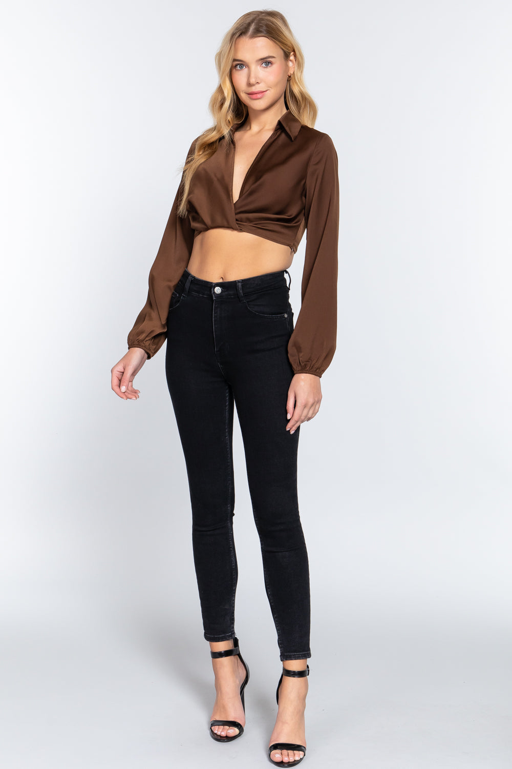 Long Sleeve Notched Collar Front Twisted Detail Crop Woven Top