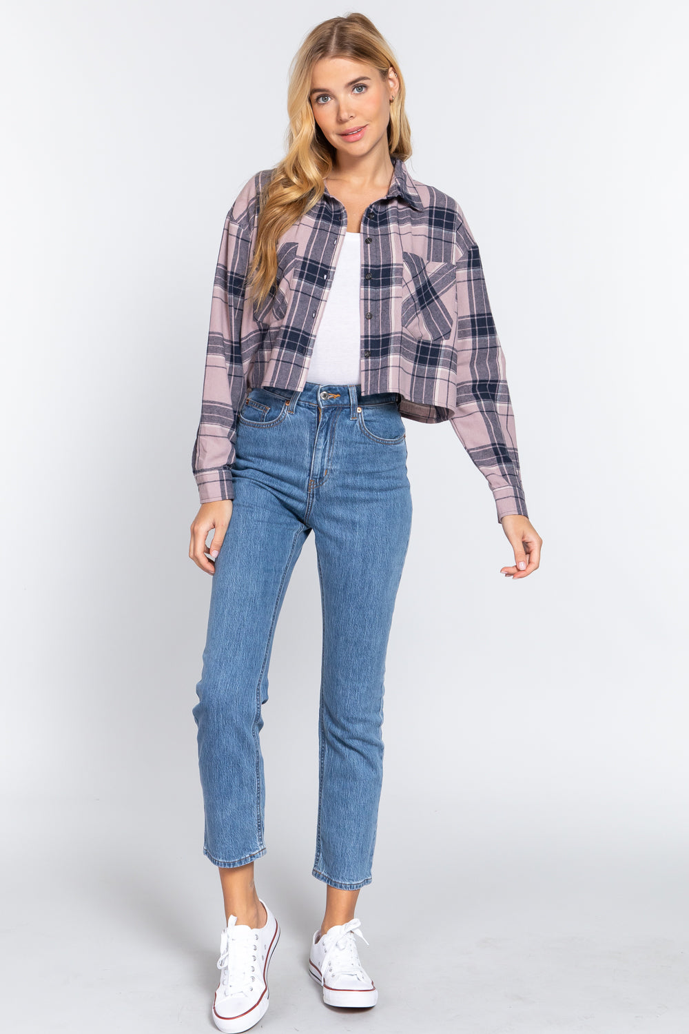 Long Slv Plaid Jacquard Crop Shirt