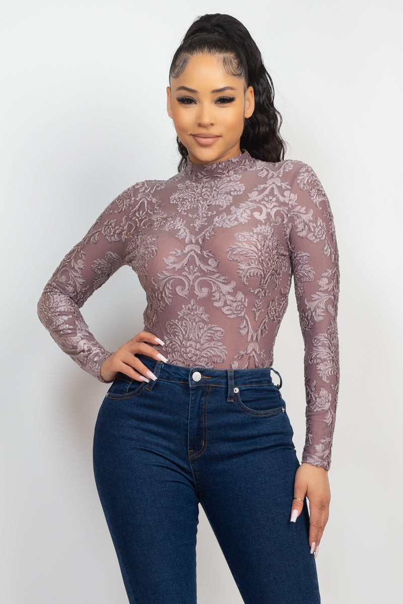 Embroidered Mock Neck Keyhole Bodysuit