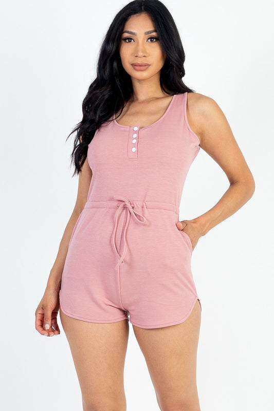 Sleeveless Drawstring Waist Button Tank Romper