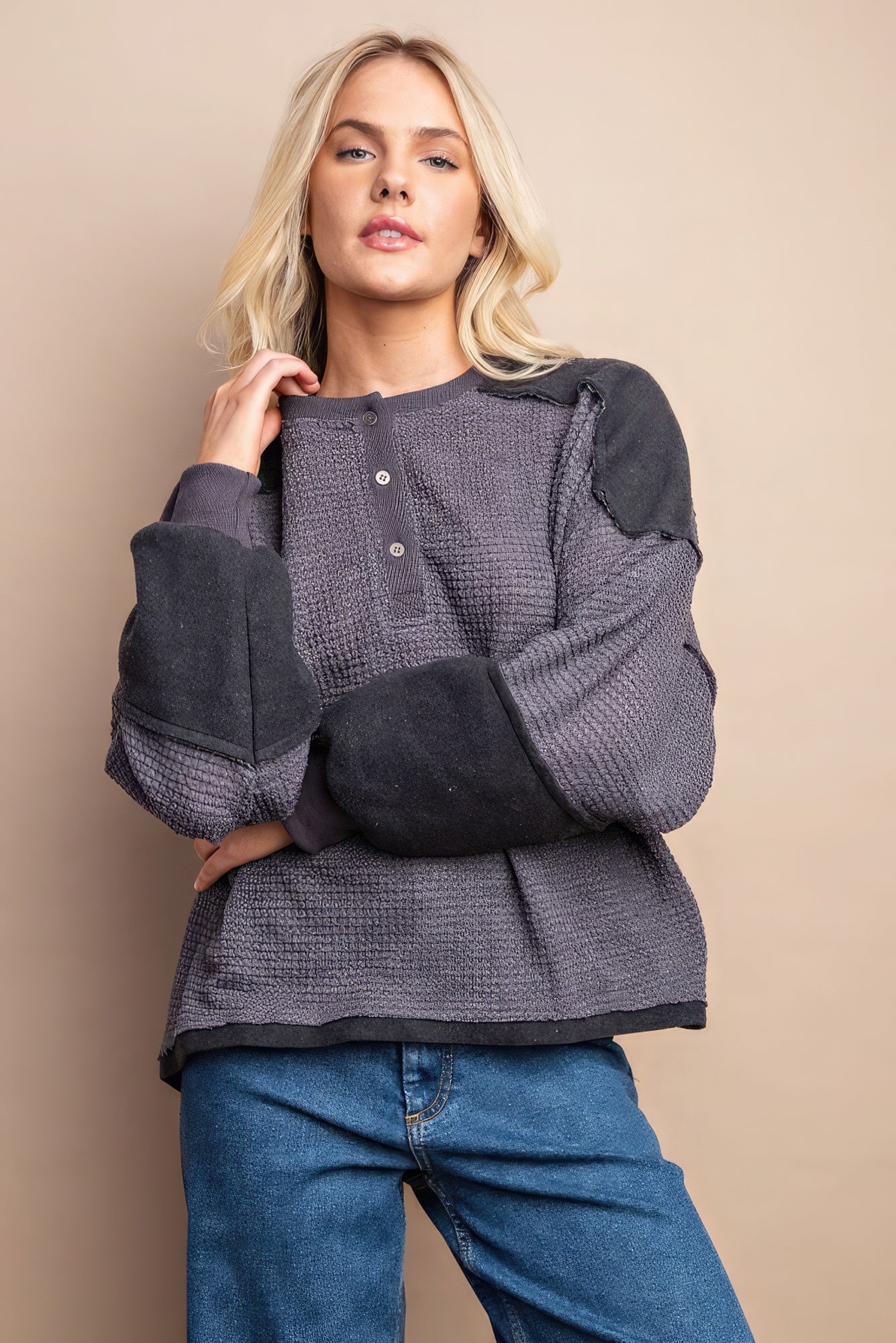 Waffle Knit And Fleece Contrast Henley Top With Button Front